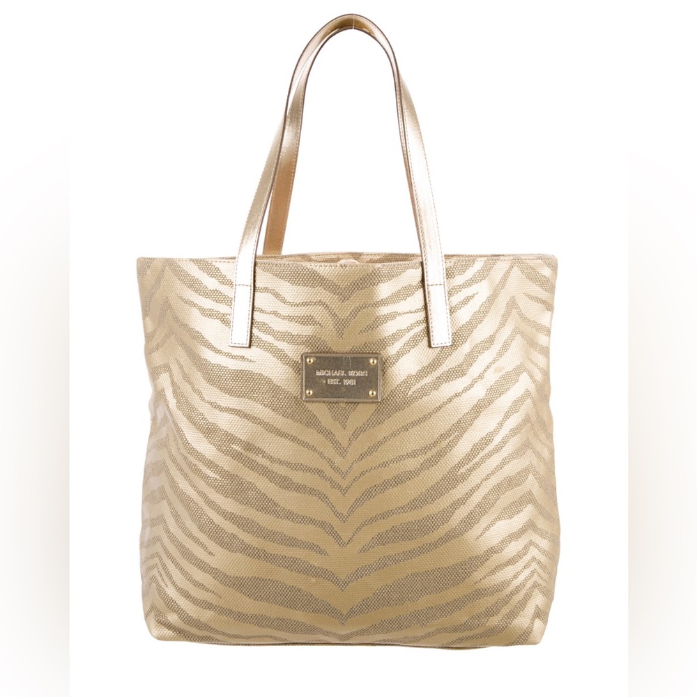 Michael Kors Zebra/Animal Print Metallic Gold and Beige Coated Canvas Tote